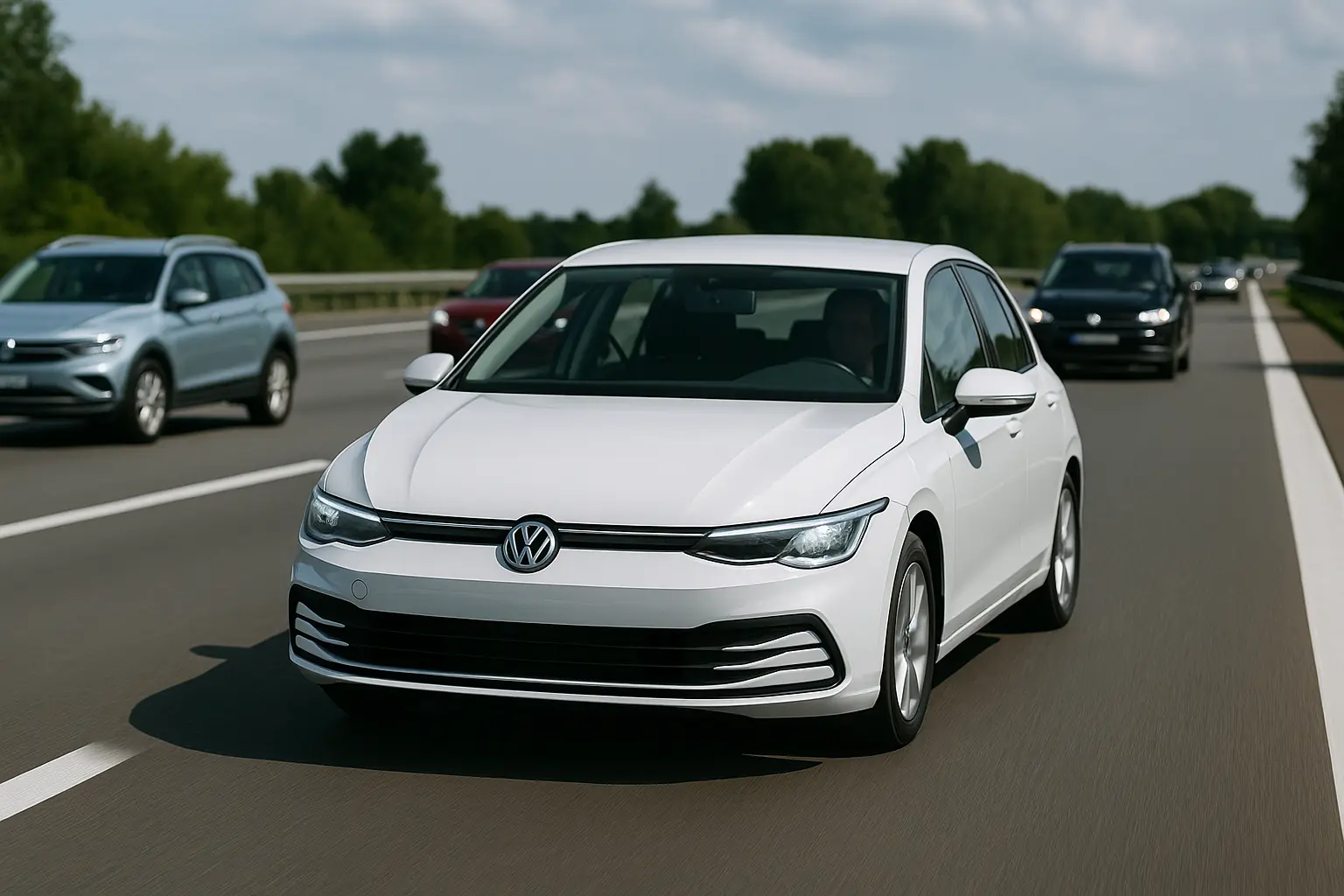 Mehrspurige Autobahn mit modernen Fahrzeugen in Bewegung, Fokus auf weißen Volkswagen Golf im Vordergrund – Symbolbild für Verkehrssicherheit 2025