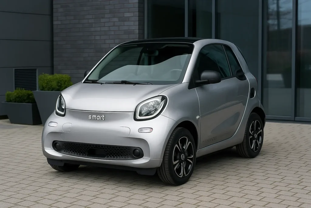 Smart EQ ForTwo 2025 in Silber, geparkt auf einem modernen Platz mit Glasfassade im Hintergrund