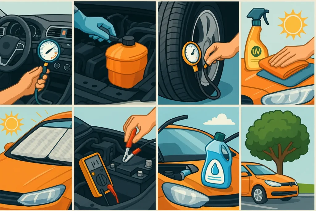 Kein Hitzekoller auf der Straße – 7 einfache Pflegetipps für dein Auto im Sommer 2 Illustration mit 8 Panels zeigt die 7 besten Tipps zur Sommerpflege eines Autos – von Klimaanlage bis UV-Schutz