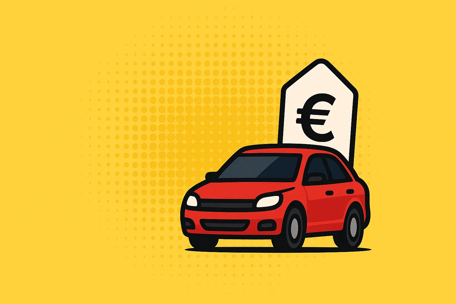 Rotes Auto mit Euro-Preisschild auf gelbem Hintergrund im Pop-Art-Stil