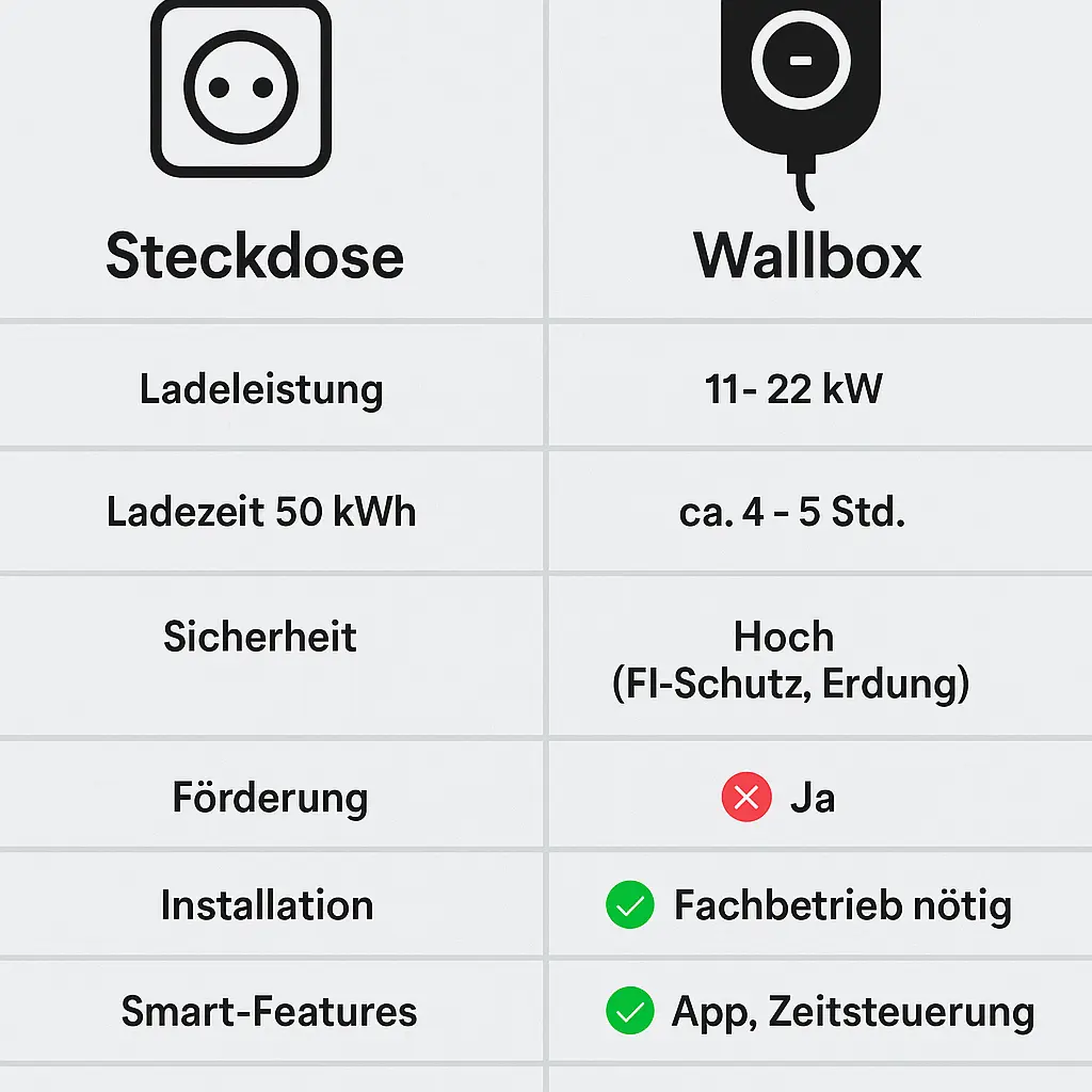 Wallbox oder Steckdose? So lädst du dein E-Auto richtig in 2025 6 Infografik zum Vergleich zwischen Steckdose und Wallbox mit Symbolen und Ladeeigenschaften für Elektroautos im Jahr 2025