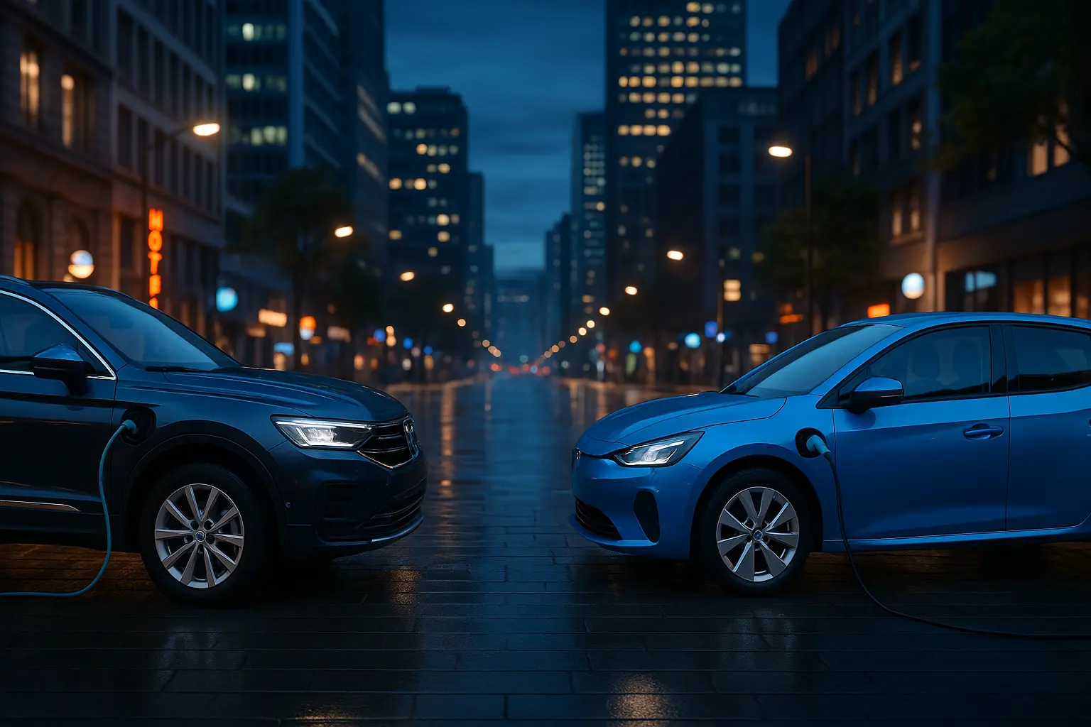 Zwei moderne Fahrzeuge – Plug-in-Hybrid und Elektroauto – gegenüber auf einer nassen Stadtstraße bei Dämmerung