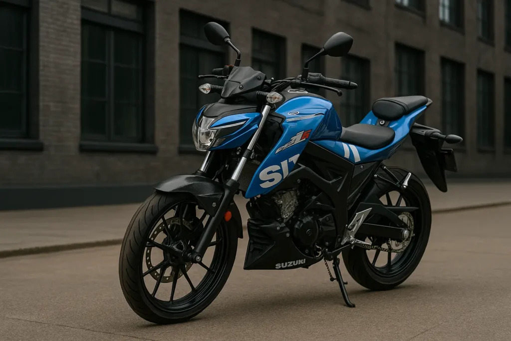 Suzuki GSX-S125 2025 in Blau mit sportlichem Design vor Backsteinfassade