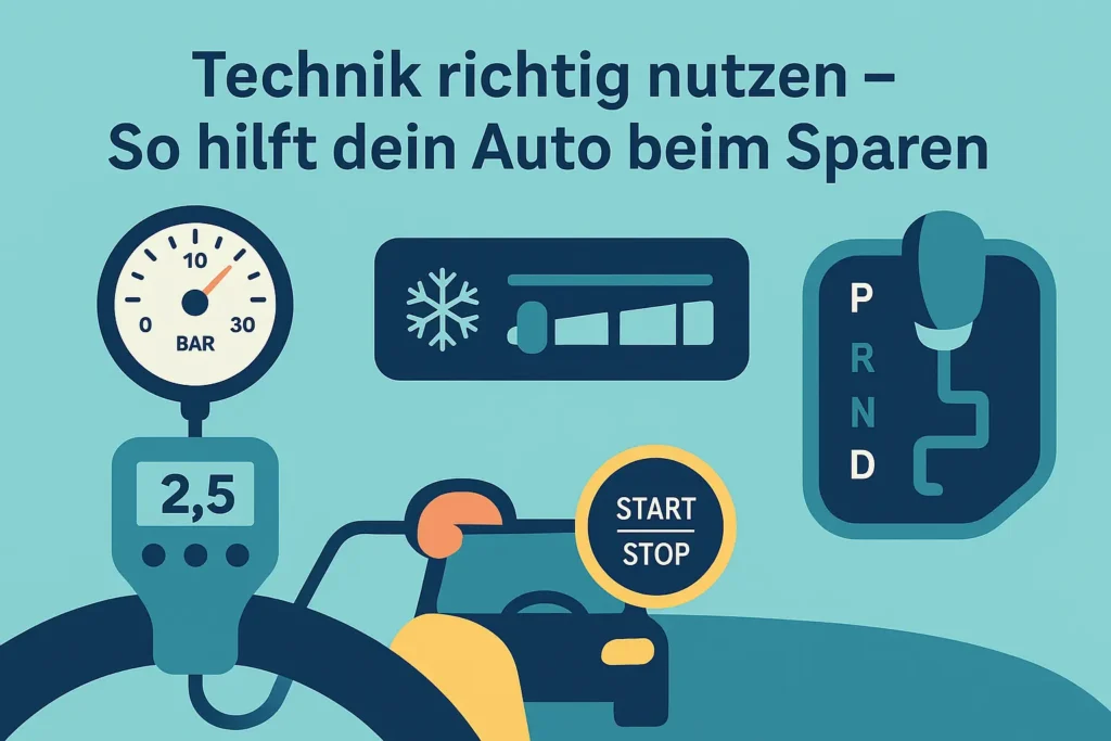 Illustration von Reifendruckanzeige, Klimaanlage, Start-Stopp-Knopf und Automatikgetriebe zur Kraftstoffersparnis
