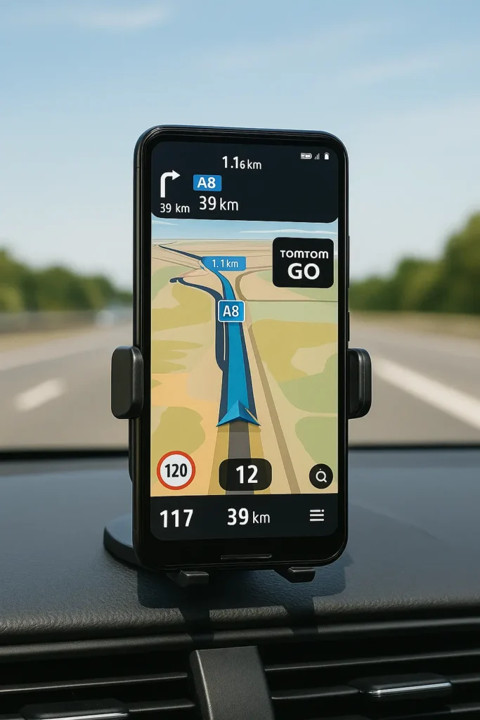 Smartphone mit geöffneter TomTom GO App zeigt Navigation auf Autobahn im Tageslicht