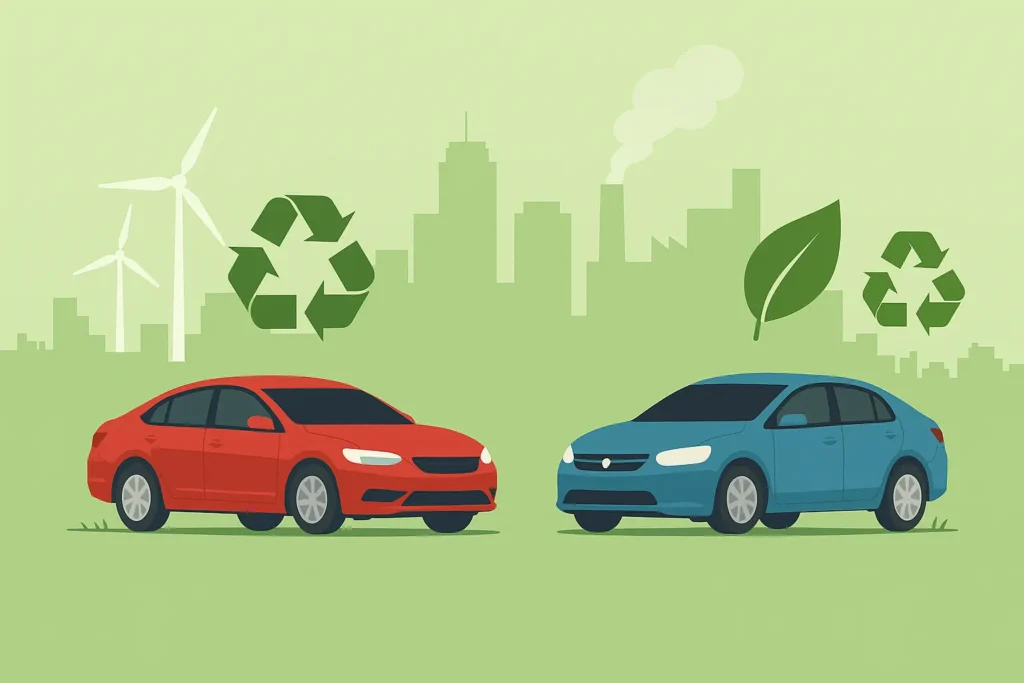 Der Strom-Duell 2025: Plug-in-Hybrid gegen reines E-Auto – Wer punktet im Alltag? 4 Illustration mit einem roten Hybridauto und einem blauen Elektroauto vor einer Stadt mit Windrädern, Fabrik und Umweltsymbolen