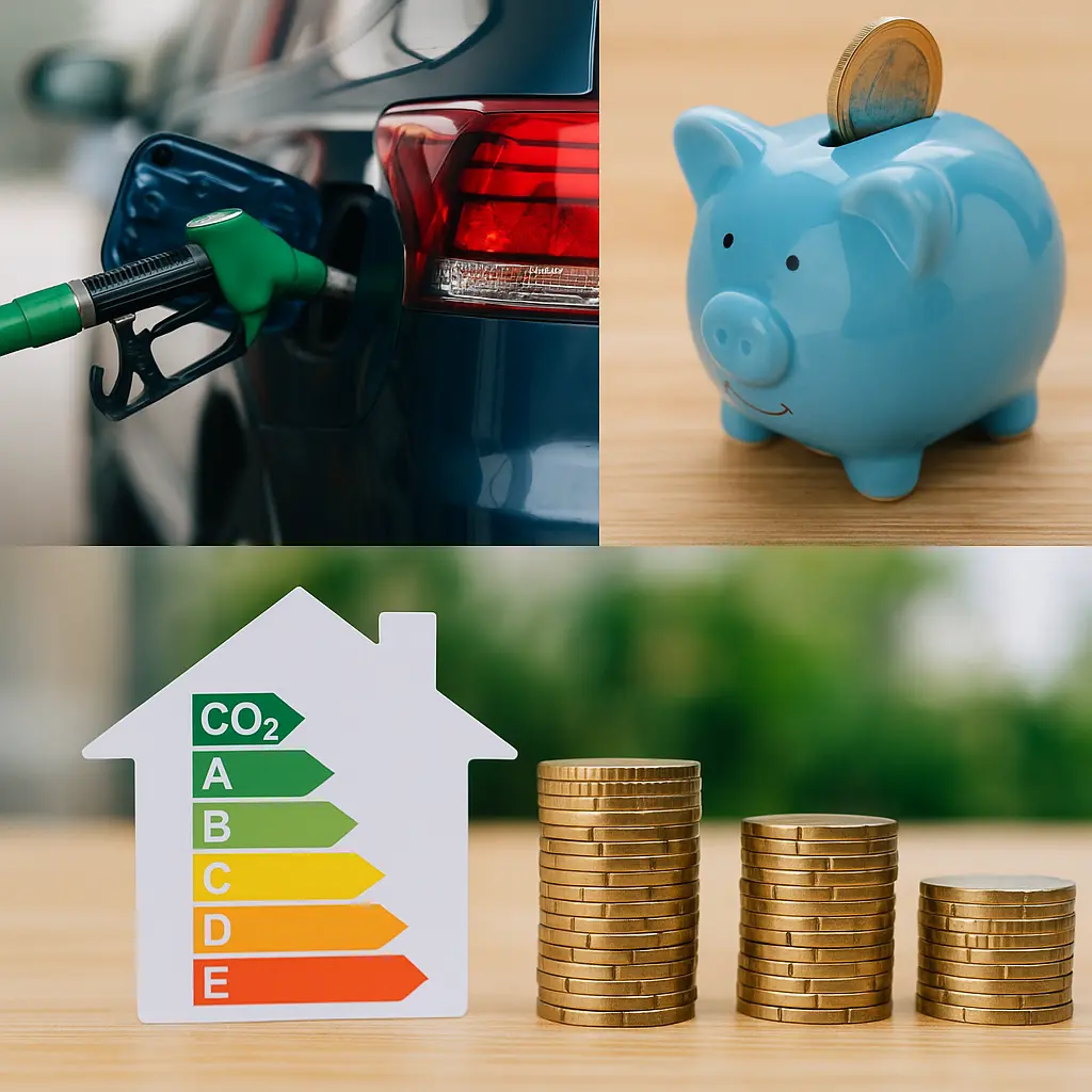 Schotterpiste oder Schulweg? Kombi vs. SUV im echten Alltag 4 Zapfsäule an SUV, Sparschwein mit Münze, CO₂-Effizienzlabel und gestapelte Euro-Münzen