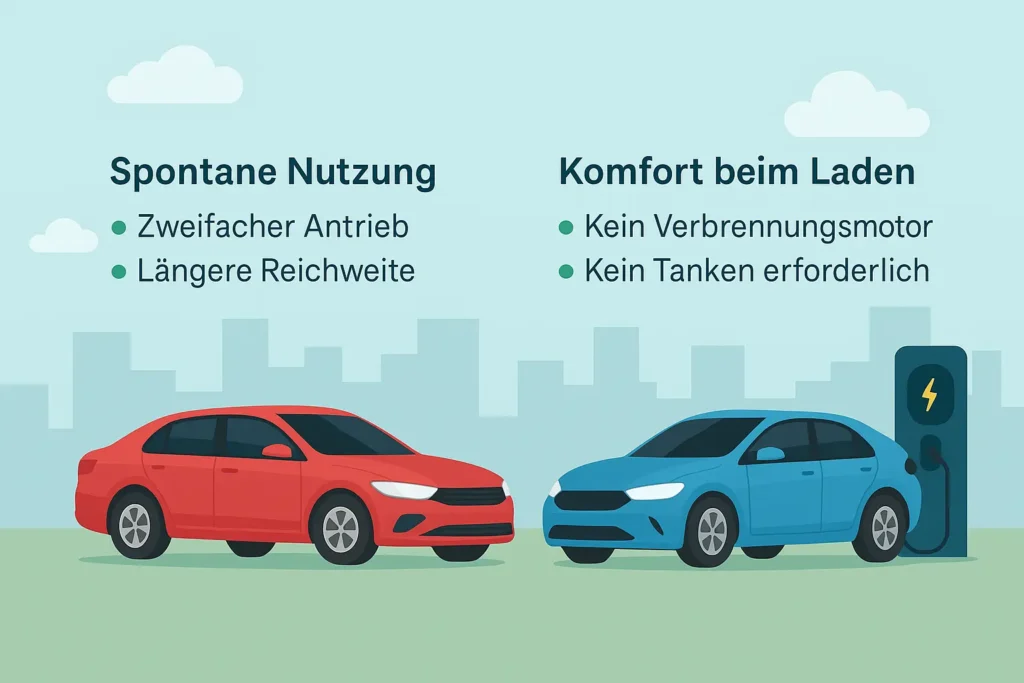 Der Strom-Duell 2025: Plug-in-Hybrid gegen reines E-Auto – Wer punktet im Alltag? 3 Zwei Fahrzeuge – ein roter Plug-in-Hybrid und ein blauer Elektro-PKW – im Stadtumfeld mit Stichpunkten zur Alltagstauglichkeit