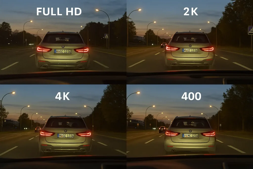 Beweissicherung leicht gemacht – Die Dashcams mit Top-Bildqualität 2 Vergleich der Dashcam-Aufnahmen in Full HD, 2K und 4K bei Dämmerung auf einer deutschen Straße