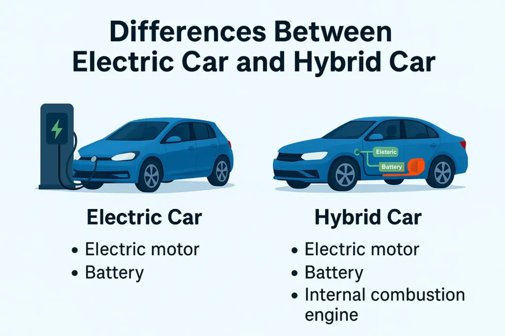 Der Strom-Duell 2025: Plug-in-Hybrid gegen reines E-Auto – Wer punktet im Alltag? 2 Infografik mit Gegenüberstellung eines Elektroautos und eines Hybridfahrzeugs samt Hauptkomponenten