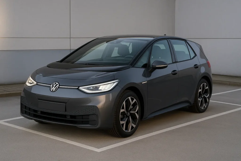 Volkswagen ID.3 Elektroauto in Metallic-Grau auf einem Parkplatz, Seitenansicht