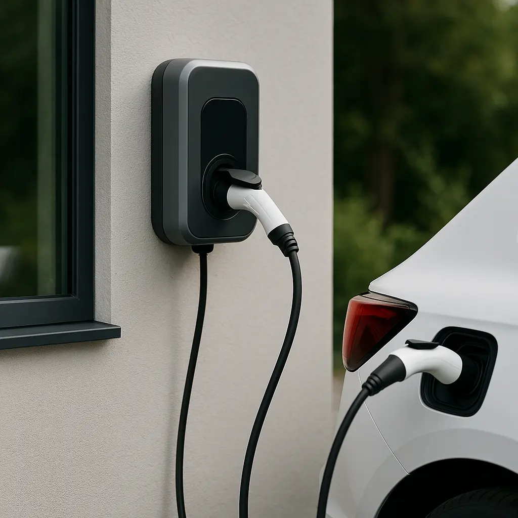 Moderne Wallbox an einer Hauswand lädt ein weißes Elektroauto