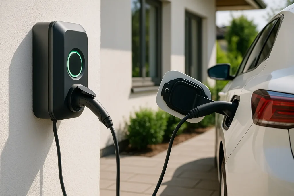 Wallbox oder Steckdose? So lädst du dein E-Auto richtig in 2025 5 Weiße Wallbox lädt ein Elektroauto mit grün leuchtender Ladeanzeige an einem modernen Wohnhaus