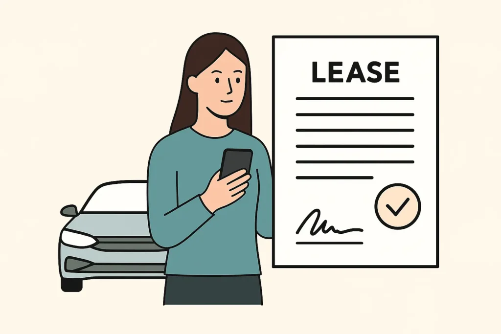 Auto-Abo vs. Leasing – Was lohnt sich wirklich auf Dauer? 3 Illustration einer Frau mit Smartphone und einem Leasingvertrag neben einem Auto.