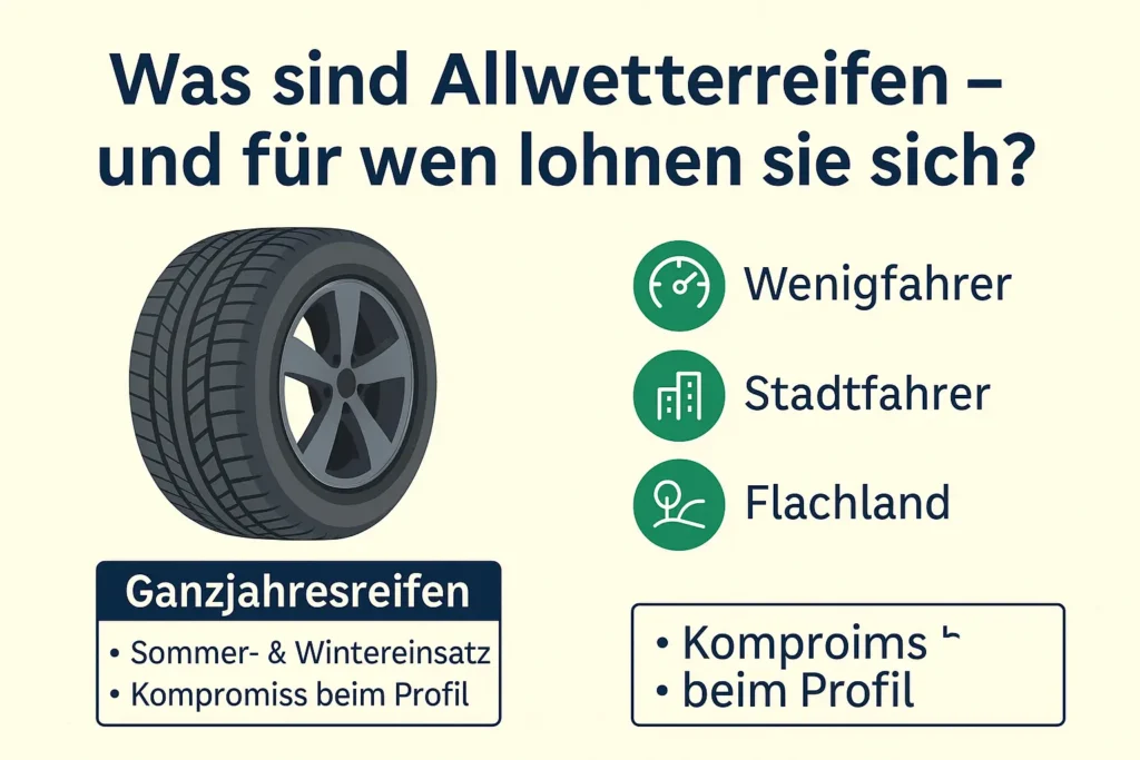 Die besten Allwetterreifen 2025 – Vergleich, Tests & Empfehlungen 2 Infografik über Allwetterreifen: Definition und empfohlene Zielgruppen (Wenigfahrer, Stadtfahrer, Flachland)