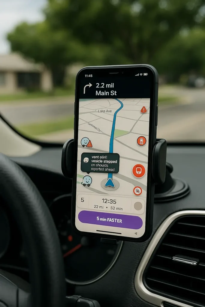 Smartphone mit Waze-Navigation, montiert im Auto, zeigt Route und Blitzerwarnung