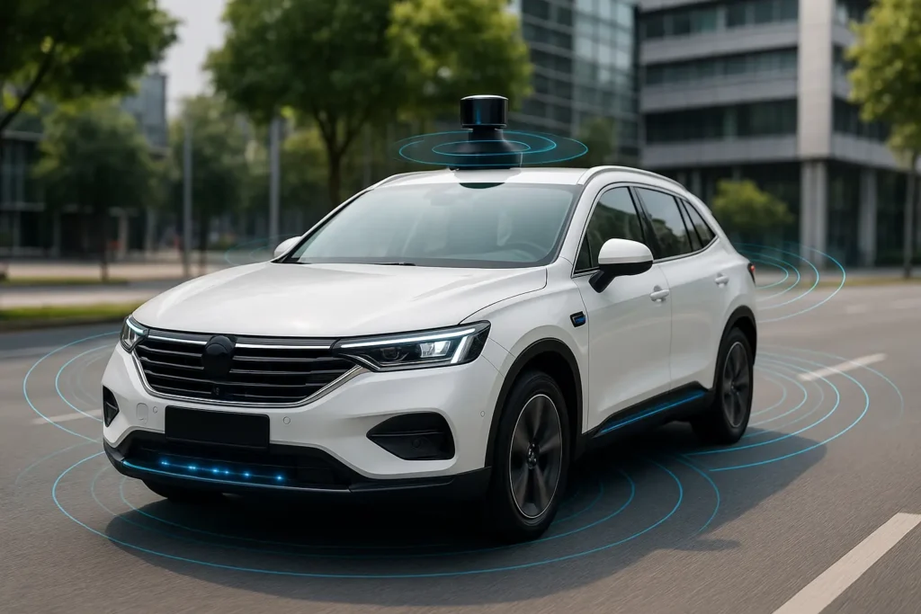 Weißes autonomes SUV mit aktiven Sensoren und LIDAR-Technologie auf einer Stadtstraße