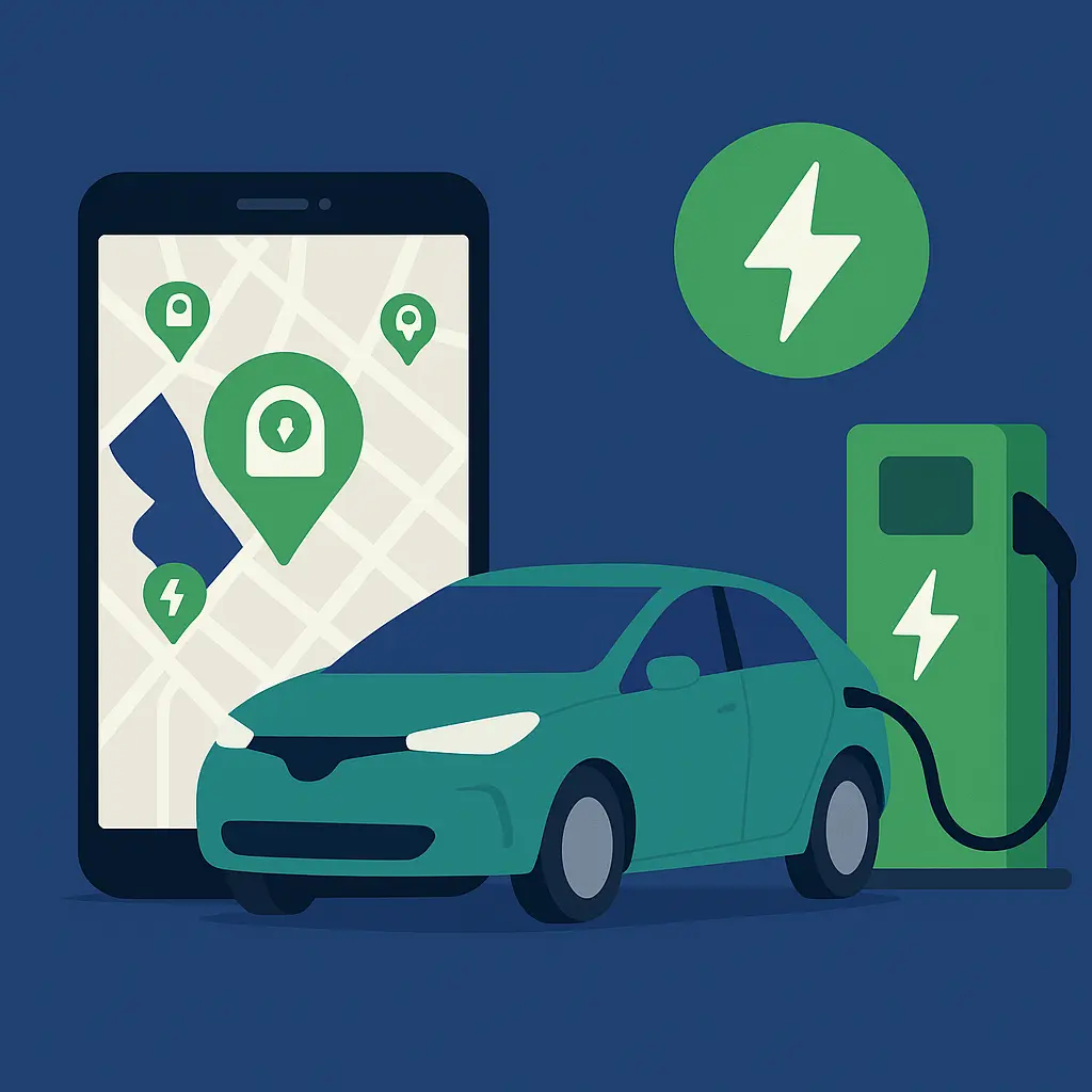 Smartphone zeigt Ladesäulenkarte, Elektroauto lädt an einer grünen Ladestation