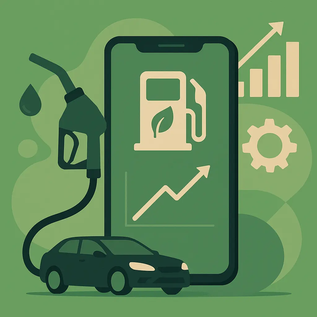 Illustration eines Smartphones mit Tank-App, Auto und Zapfhahn auf grünem Hintergrund